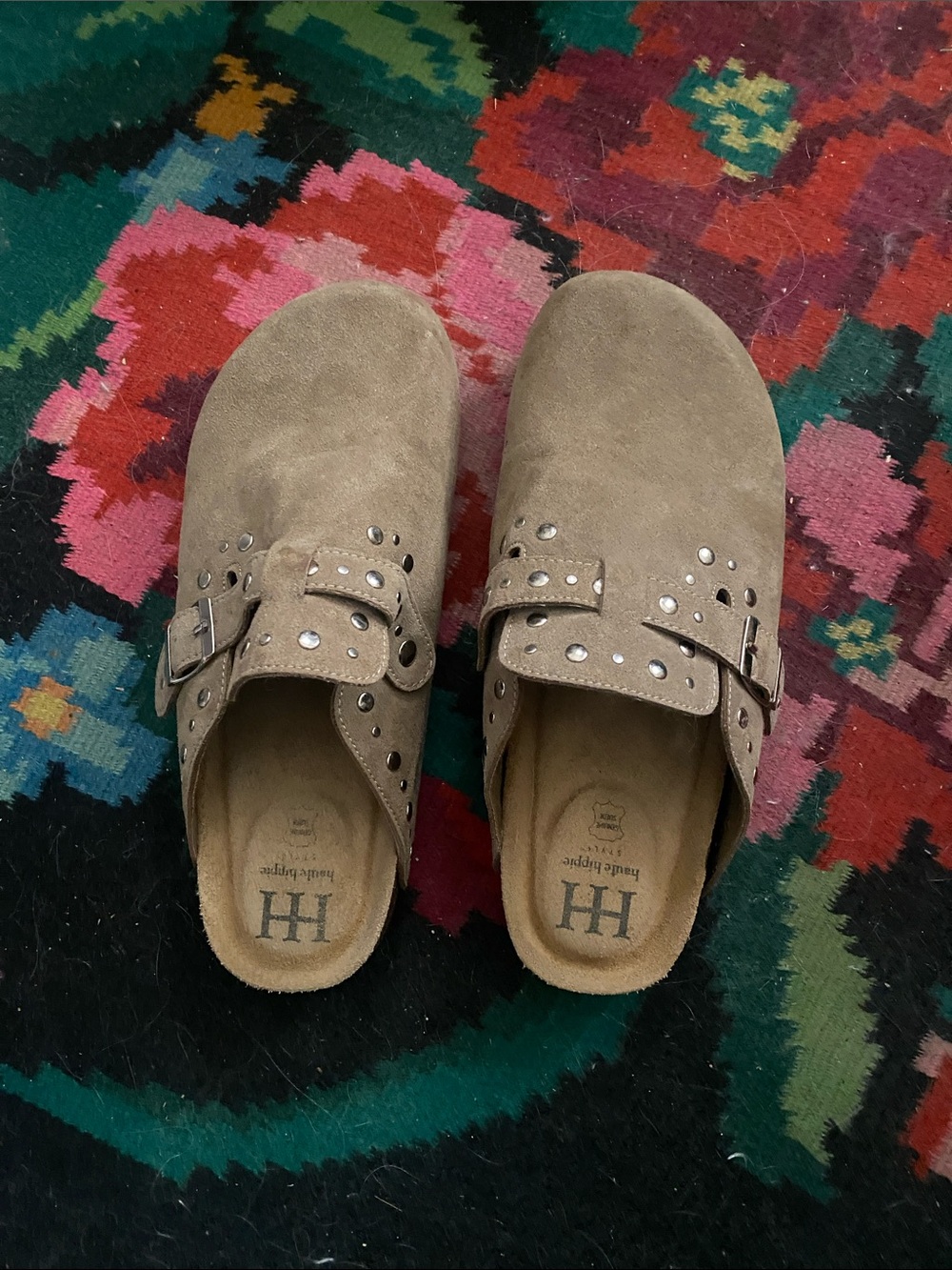 Haute Hippie Suede Studded Clog Mules in Taupe